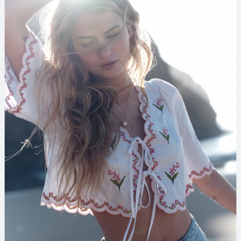 H&M White Blouse with Pink Floral Embroidery
